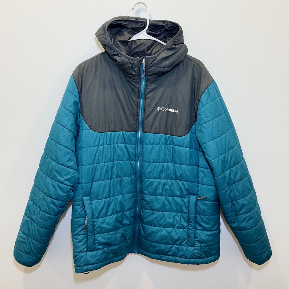 Columbia Mens Hooded‎ Puffer Jacket Teal Charcoal Grey Insulated Quilted Coat
